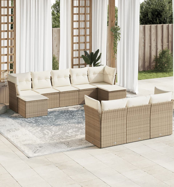 10-tlg. Garten-Sofagarnitur mit Kissen Beige Poly Rattan