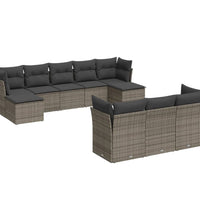 10-tlg. Garten-Sofagarnitur mit Kissen Grau Poly Rattan