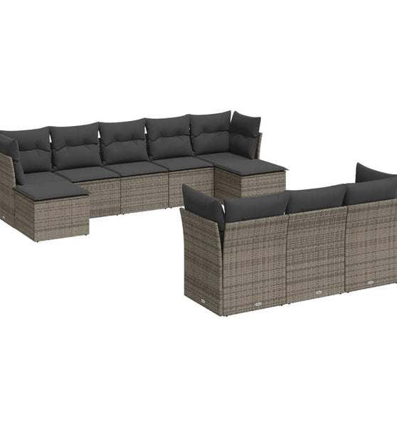 10-tlg. Garten-Sofagarnitur mit Kissen Grau Poly Rattan