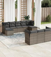 10-tlg. Garten-Sofagarnitur mit Kissen Grau Poly Rattan