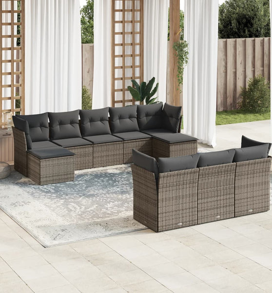 10-tlg. Garten-Sofagarnitur mit Kissen Grau Poly Rattan