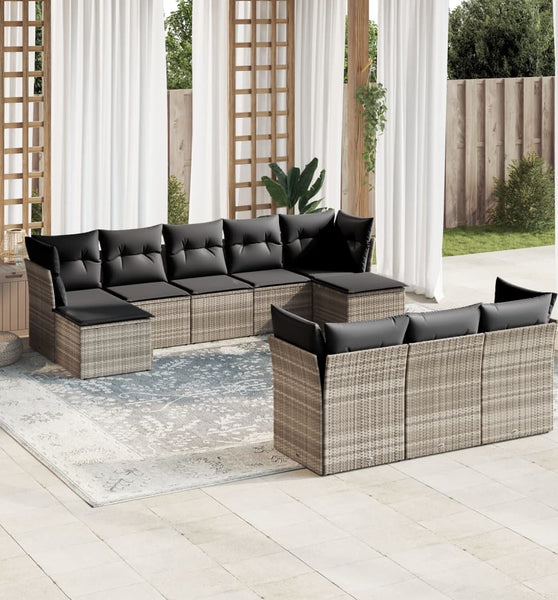10-tlg. Garten-Sofagarnitur mit Kissen Hellgrau Poly Rattan