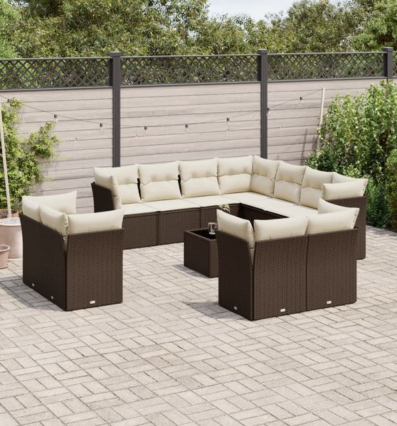 12-tlg. Garten-Sofagarnitur mit Kissen Braun Poly Rattan