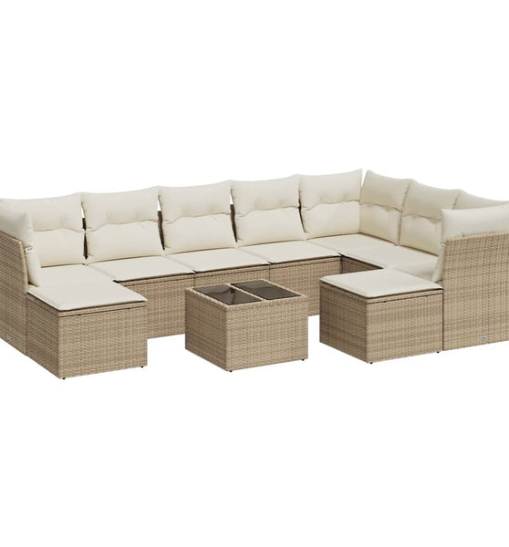 10-tlg. Garten-Sofagarnitur mit Kissen Beige Poly Rattan