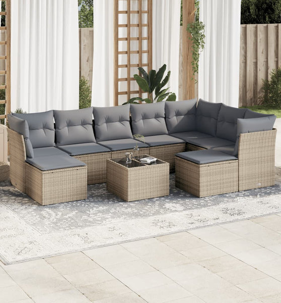 10-tlg. Garten-Sofagarnitur mit Kissen Beige Poly Rattan