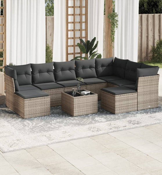10-tlg. Garten-Sofagarnitur mit Kissen Grau Poly Rattan