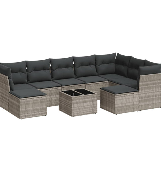 10-tlg. Garten-Sofagarnitur mit Kissen Hellgrau Poly Rattan