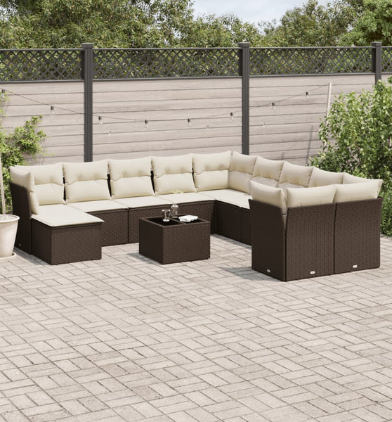 12-tlg. Garten-Sofagarnitur mit Kissen Braun Poly Rattan