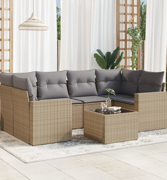 7-tlg. Garten-Sofagarnitur mit Kissen Beige Poly Rattan