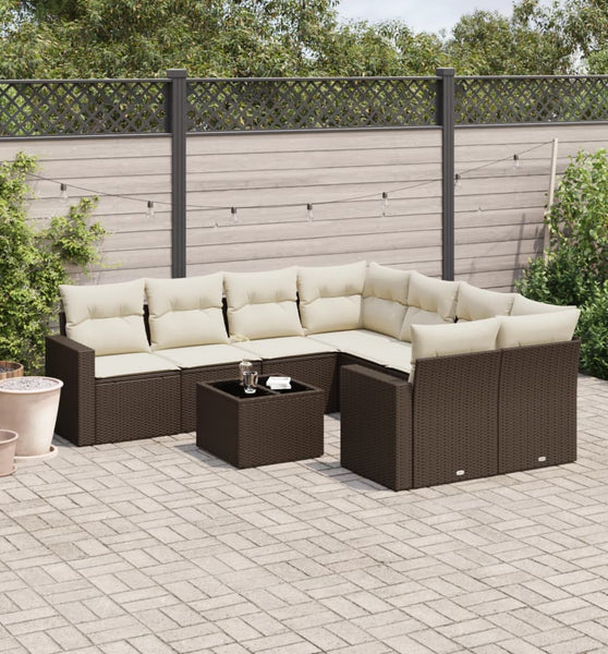 9-tlg. Garten-Sofagarnitur mit Kissen Braun Poly Rattan