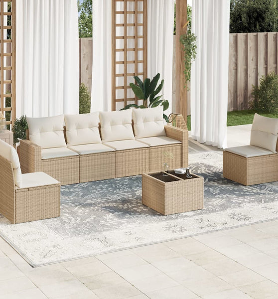 7-tlg. Garten-Sofagarnitur mit Kissen Beige Poly Rattan