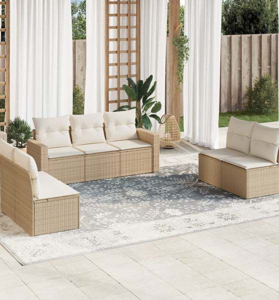 7-tlg. Garten-Sofagarnitur mit Kissen Beige Poly Rattan
