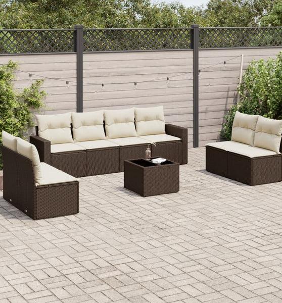 9-tlg. Garten-Sofagarnitur mit Kissen Braun Poly Rattan