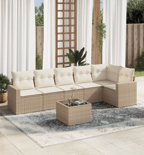 7-tlg. Garten-Sofagarnitur mit Kissen Beige Poly Rattan