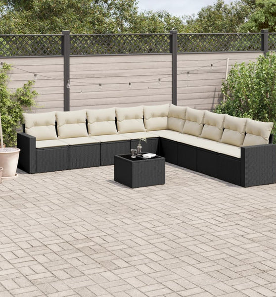 10-tlg. Garten-Sofagarnitur mit Kissen Schwarz Poly Rattan