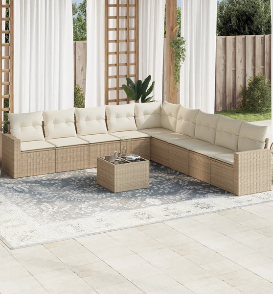 10-tlg. Garten-Sofagarnitur mit Kissen Beige Poly Rattan