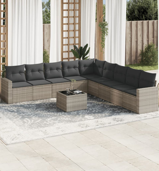 10-tlg. Garten-Sofagarnitur mit Kissen Hellgrau Poly Rattan