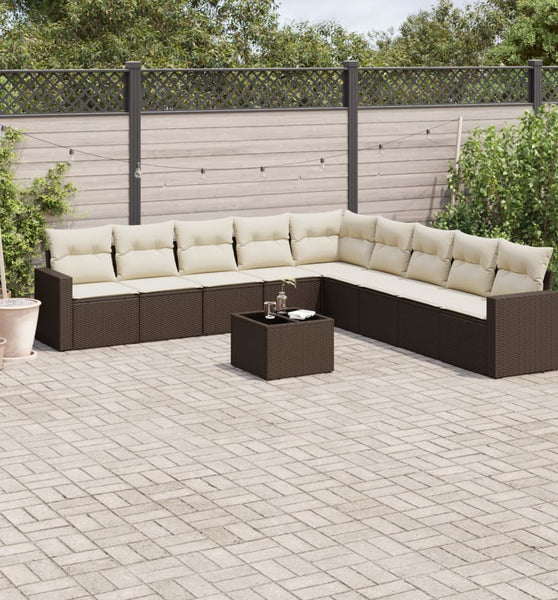 10-tlg. Garten-Sofagarnitur mit Kissen Braun Poly Rattan