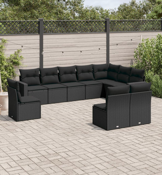 10-tlg. Garten-Sofagarnitur mit Kissen Schwarz Poly Rattan