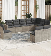 10-tlg. Garten-Sofagarnitur mit Kissen Hellgrau Poly Rattan