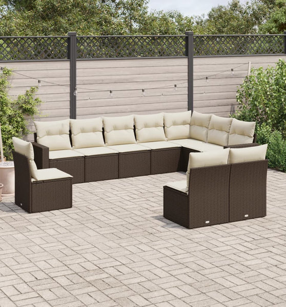 10-tlg. Garten-Sofagarnitur mit Kissen Braun Poly Rattan