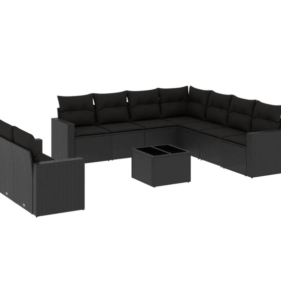 10-tlg. Garten-Sofagarnitur mit Kissen Schwarz Poly Rattan