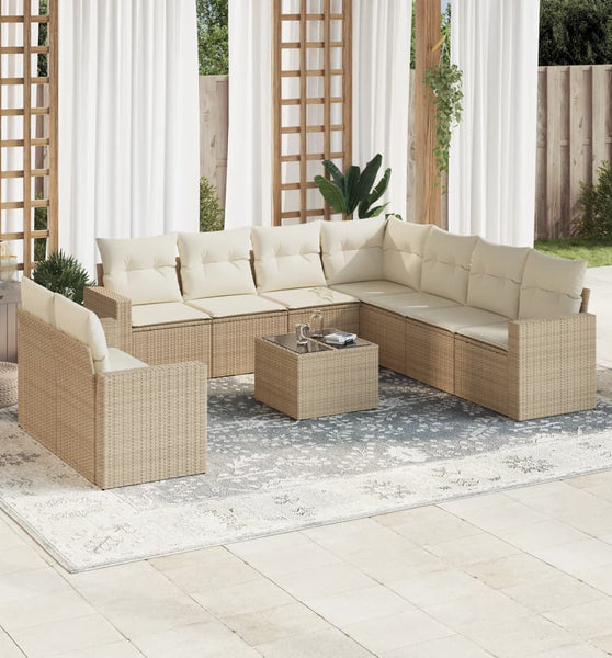 10-tlg. Garten-Sofagarnitur mit Kissen Beige Poly Rattan