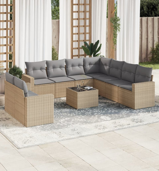 10-tlg. Garten-Sofagarnitur mit Kissen Beige Poly Rattan