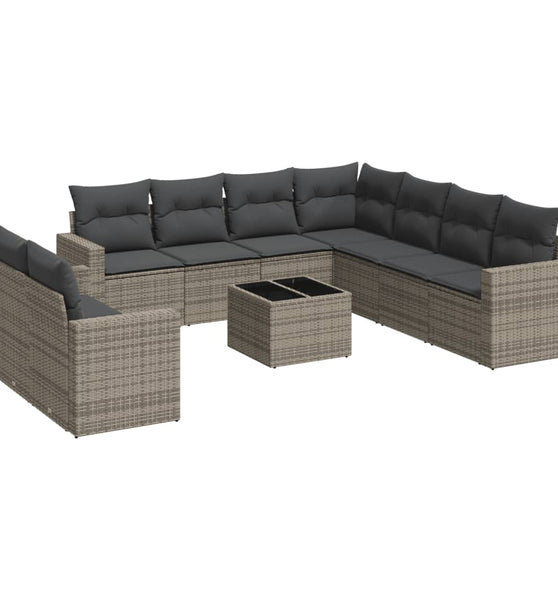 10-tlg. Garten-Sofagarnitur mit Kissen Grau Poly Rattan