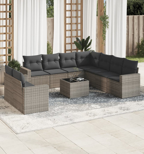 10-tlg. Garten-Sofagarnitur mit Kissen Grau Poly Rattan