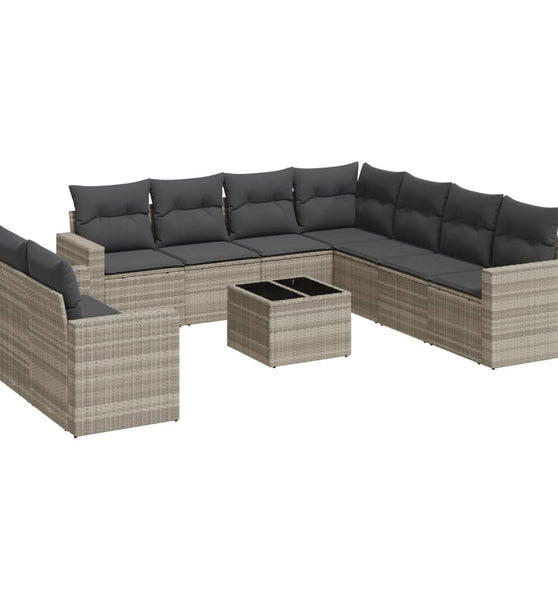 10-tlg. Garten-Sofagarnitur mit Kissen Hellgrau Poly Rattan