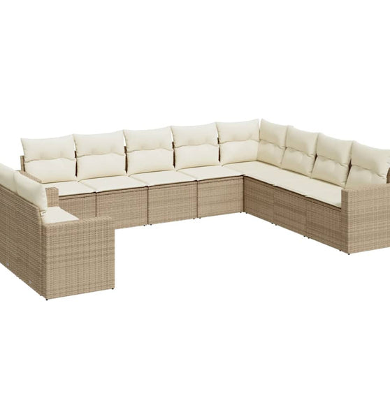 10-tlg. Garten-Sofagarnitur mit Kissen Beige Poly Rattan