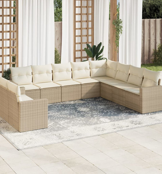 10-tlg. Garten-Sofagarnitur mit Kissen Beige Poly Rattan