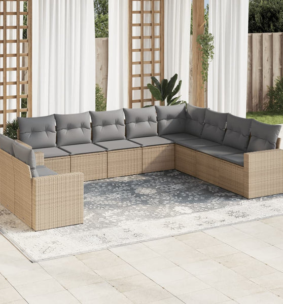 10-tlg. Garten-Sofagarnitur mit Kissen Beige Poly Rattan