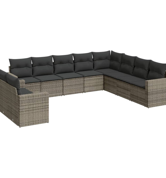 10-tlg. Garten-Sofagarnitur mit Kissen Grau Poly Rattan