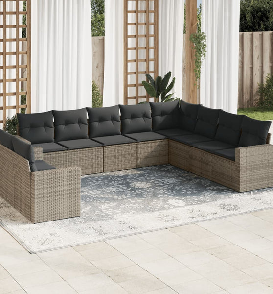 10-tlg. Garten-Sofagarnitur mit Kissen Grau Poly Rattan