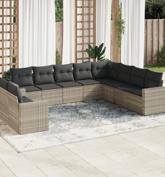 10-tlg. Garten-Sofagarnitur mit Kissen Hellgrau Poly Rattan