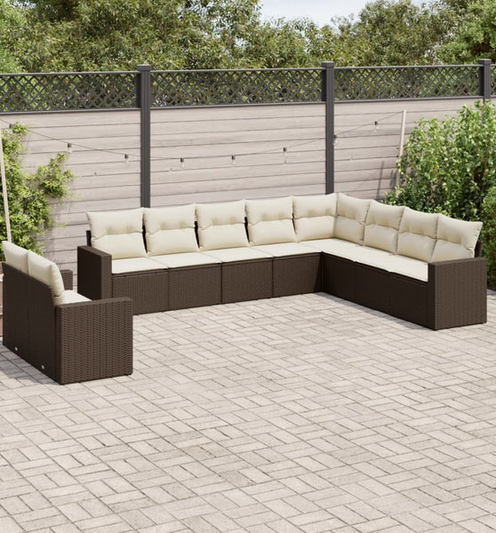 10-tlg. Garten-Sofagarnitur mit Kissen Braun Poly Rattan