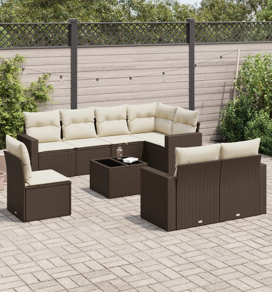 9-tlg. Garten-Sofagarnitur mit Kissen Braun Poly Rattan