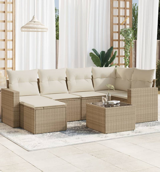 7-tlg. Garten-Sofagarnitur mit Kissen Beige Poly Rattan