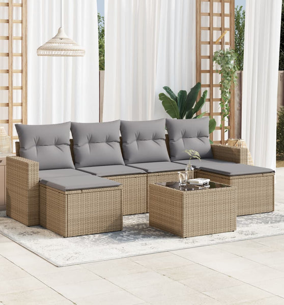 7-tlg. Garten-Sofagarnitur mit Kissen Beige Poly Rattan