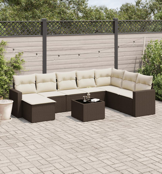 9-tlg. Garten-Sofagarnitur mit Kissen Braun Poly Rattan