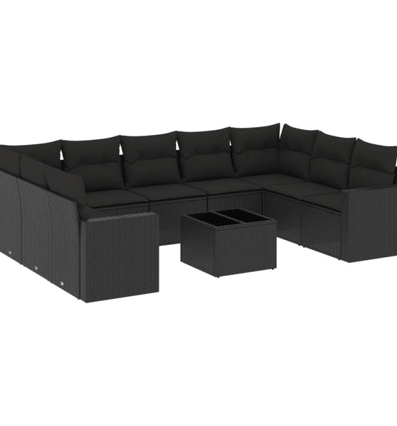 10-tlg. Garten-Sofagarnitur mit Kissen Schwarz Poly Rattan