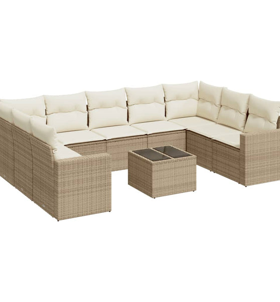 10-tlg. Garten-Sofagarnitur mit Kissen Beige Poly Rattan