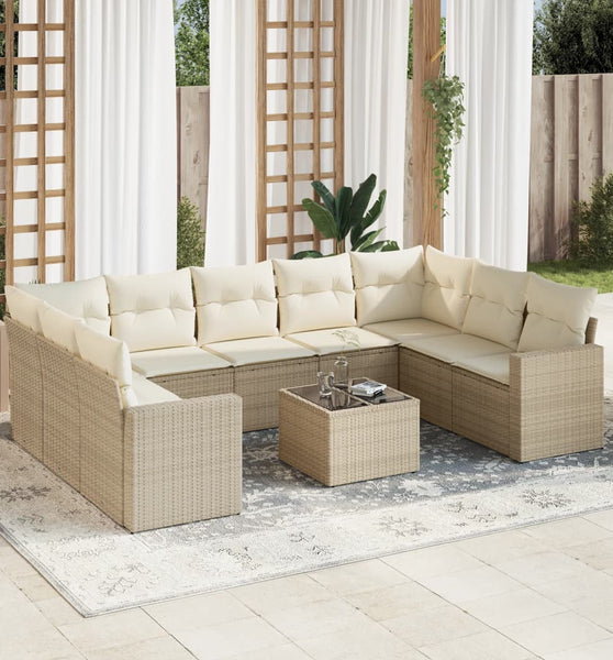 10-tlg. Garten-Sofagarnitur mit Kissen Beige Poly Rattan