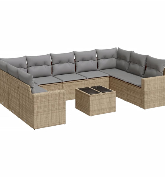 10-tlg. Garten-Sofagarnitur mit Kissen Beige Poly Rattan