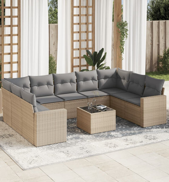10-tlg. Garten-Sofagarnitur mit Kissen Beige Poly Rattan