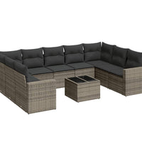 10-tlg. Garten-Sofagarnitur mit Kissen Grau Poly Rattan