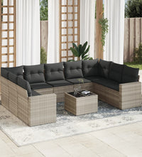 10-tlg. Garten-Sofagarnitur mit Kissen Hellgrau Poly Rattan