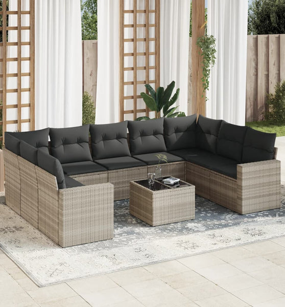 10-tlg. Garten-Sofagarnitur mit Kissen Hellgrau Poly Rattan